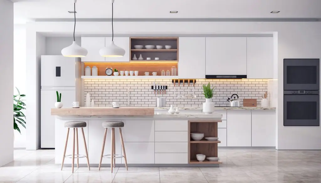 Modern white kitchen with island.