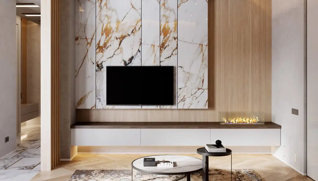 Modern living room with marble wall and fireplace.