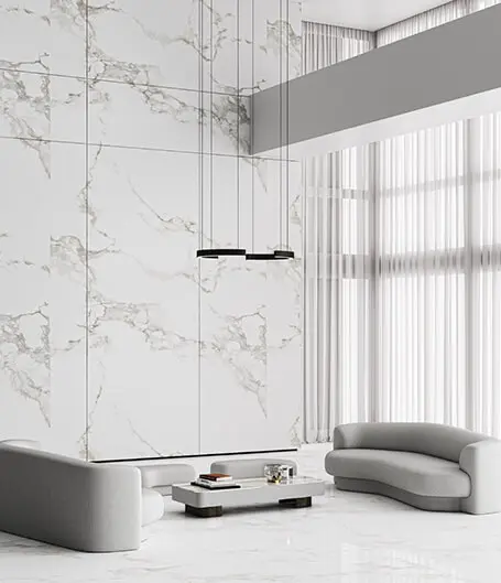 Modern living room with marble wall.