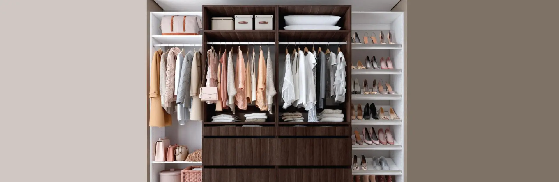 Organized closet with clothes and shoes.