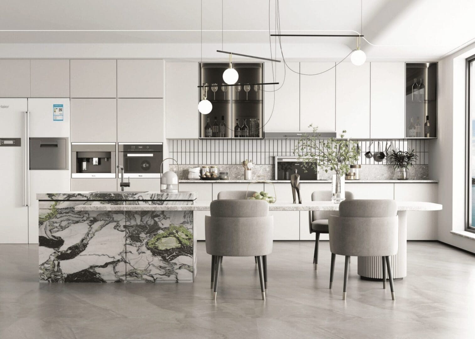 Modern kitchen with marble island and dining set.