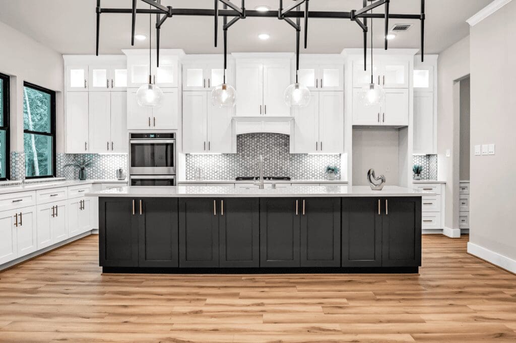 Modern kitchen island with white cabinets