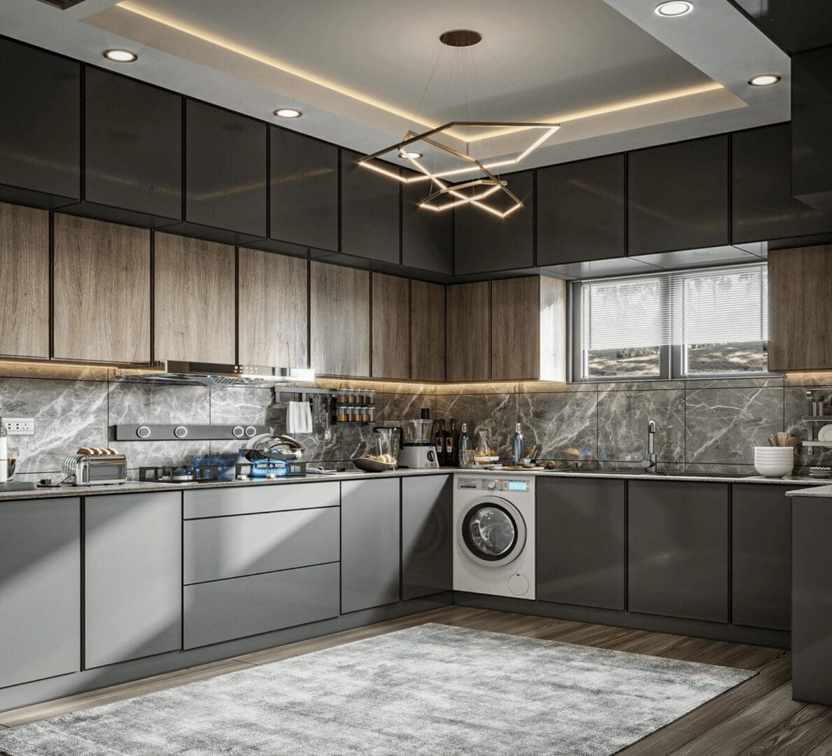 A kitchen with grey cabinets and white appliances.