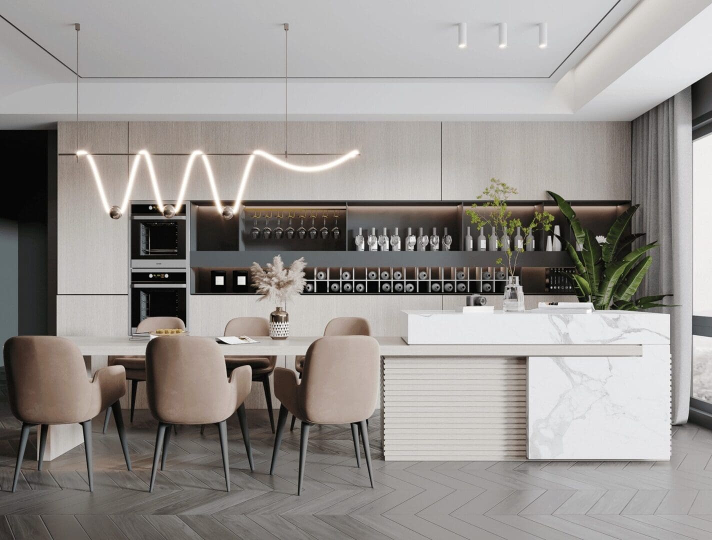 Modern kitchen with marble island and wine rack.