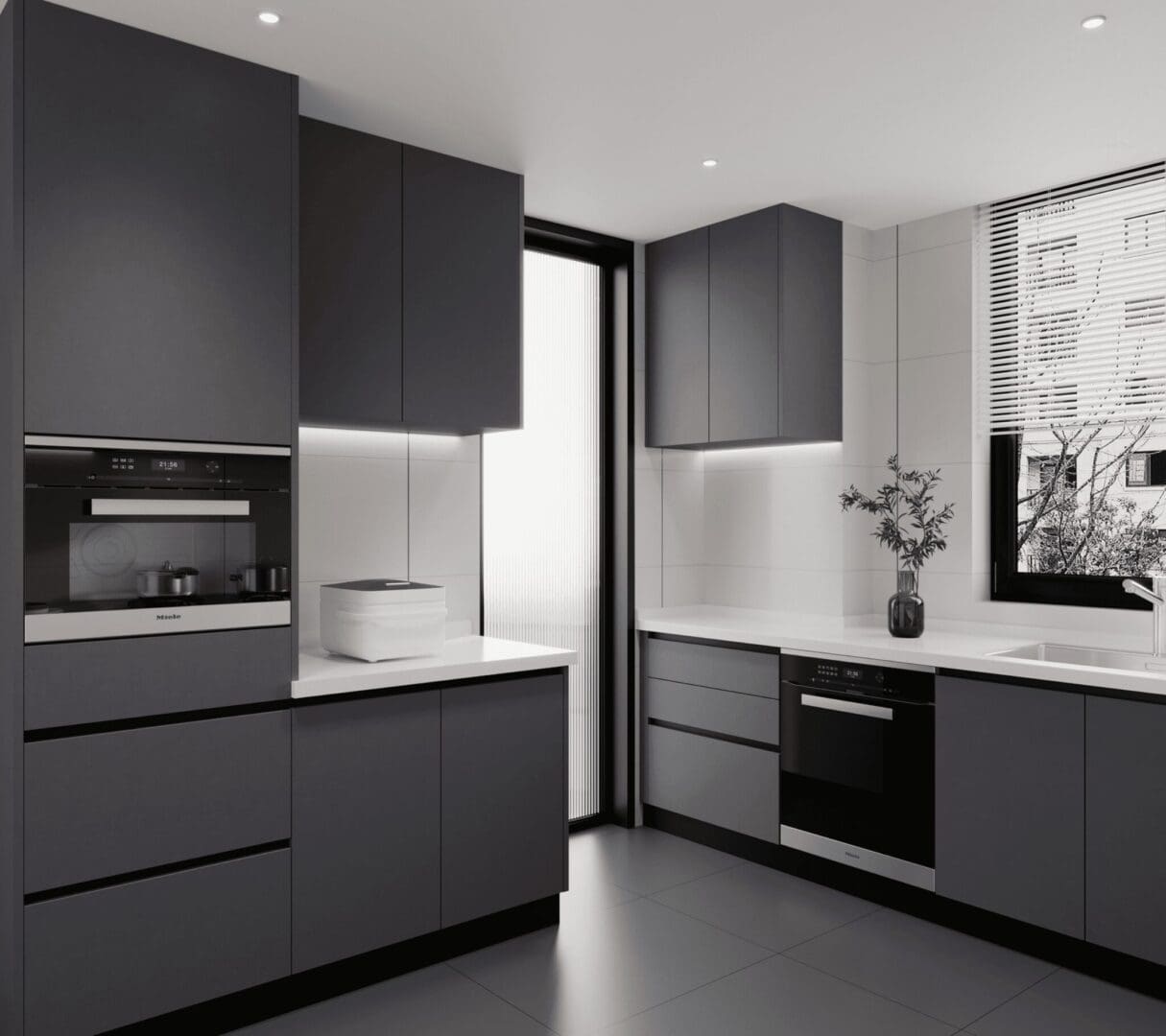 Modern dark gray kitchen interior design.