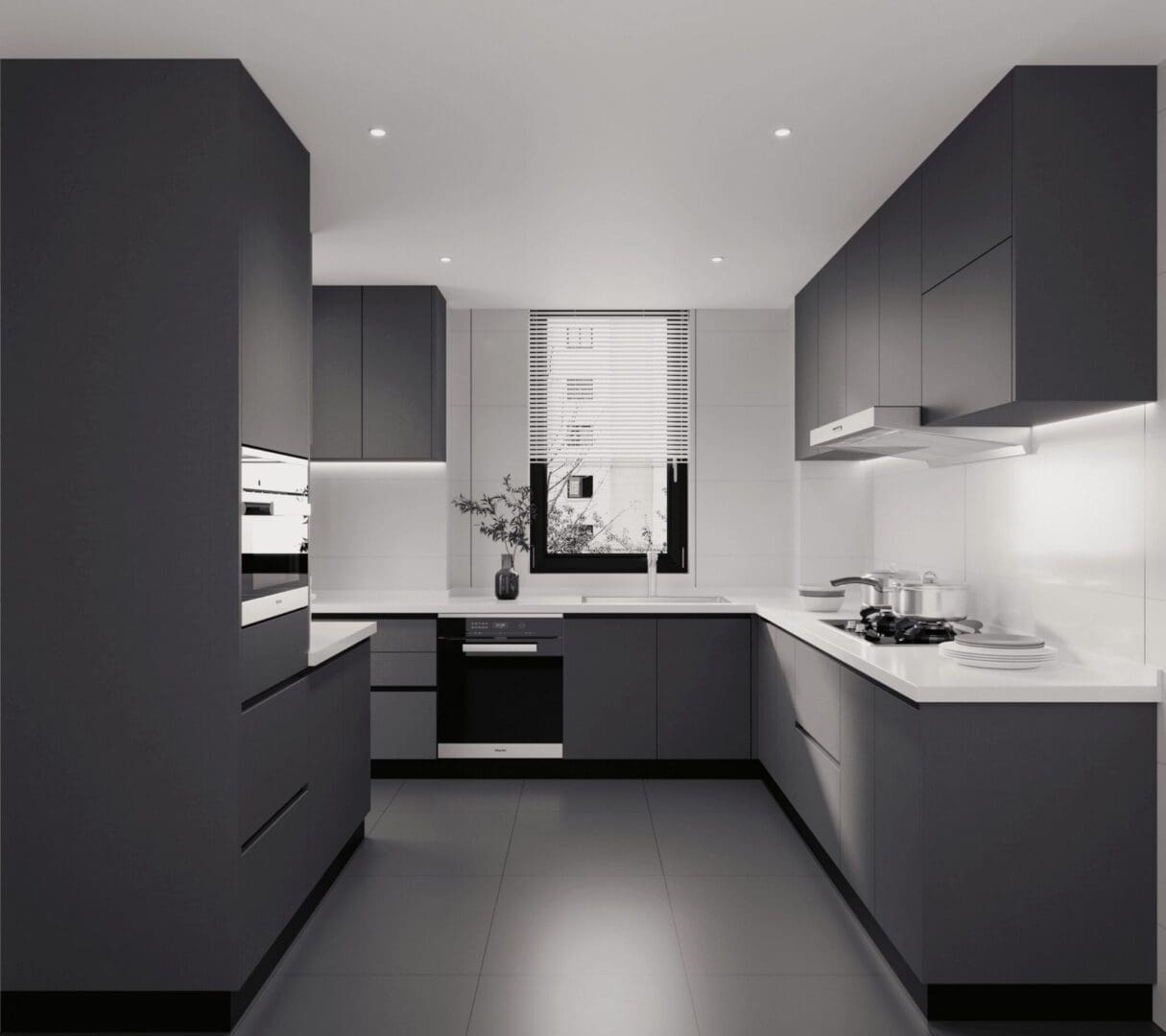 Modern dark gray kitchen interior design.