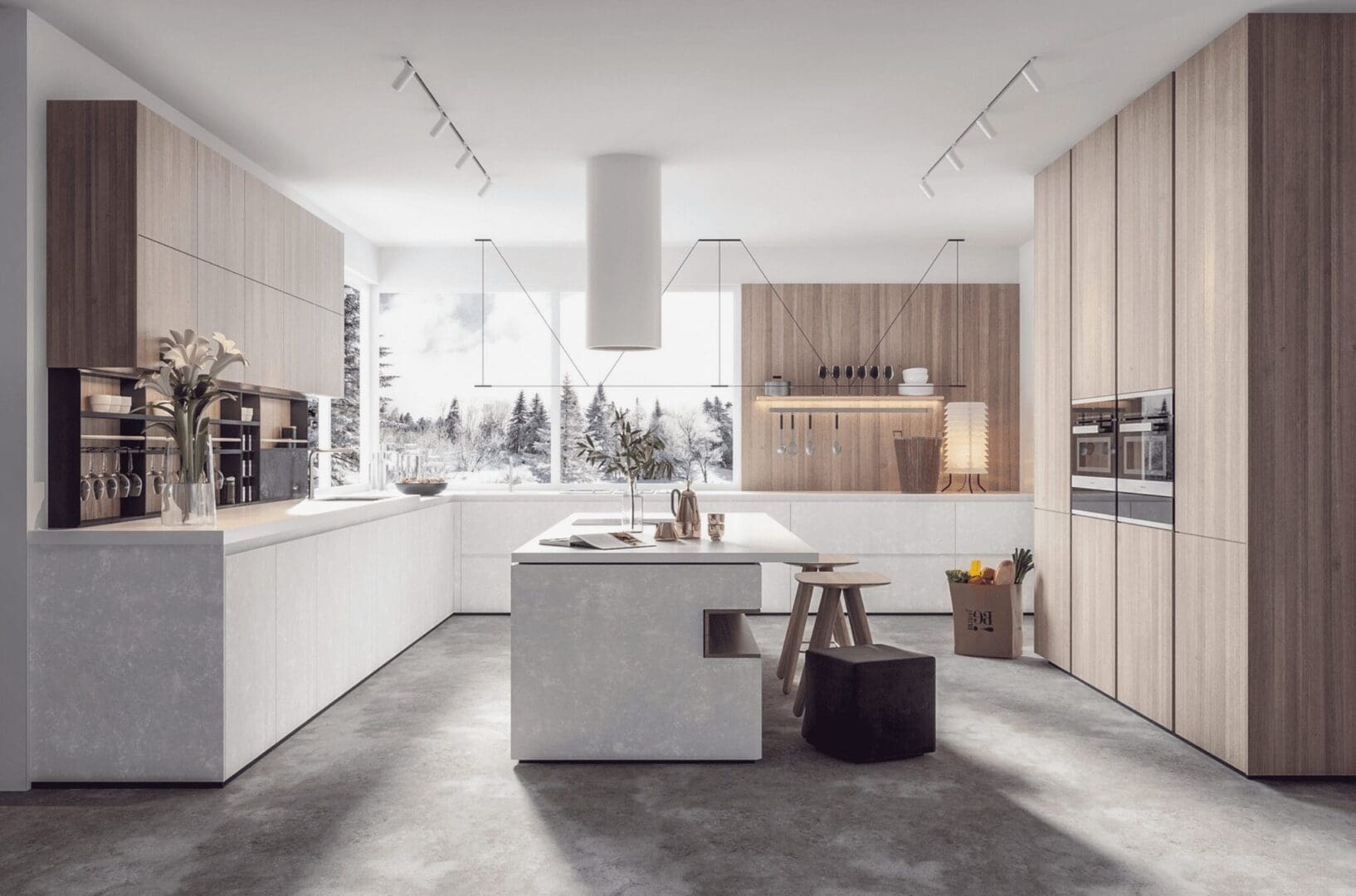 A kitchen with a large window and a lot of counter space.