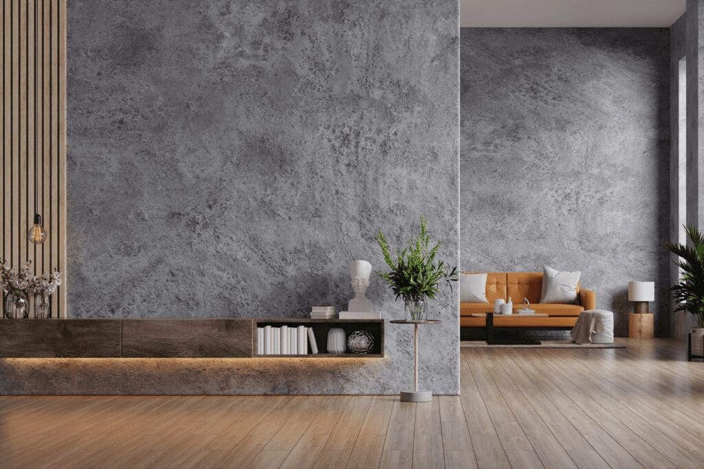 Modern living room with concrete wall.