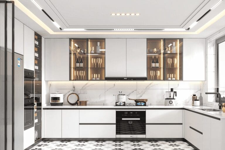 Modern white kitchen with glass cabinets.