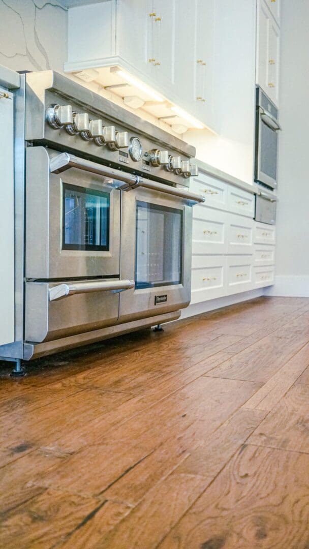 Stainless steel range in kitchen.